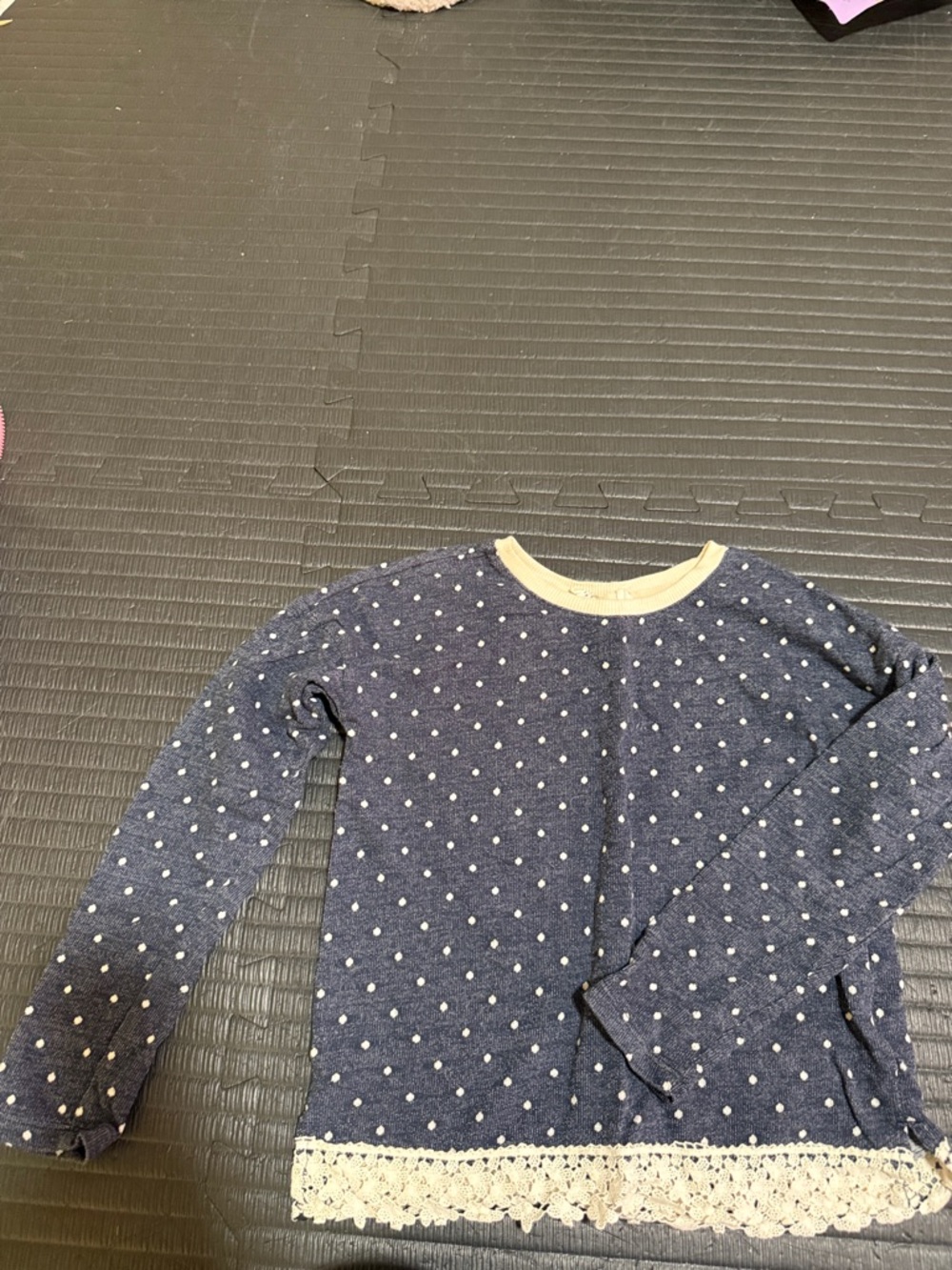 Navy Polka Dot Sweater with Lace Trim